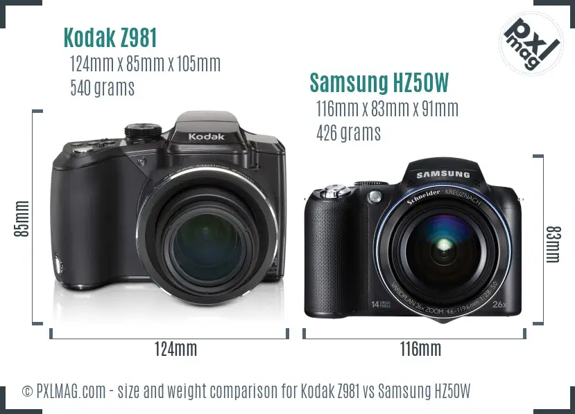 Kodak Z981 vs Samsung HZ50W size comparison