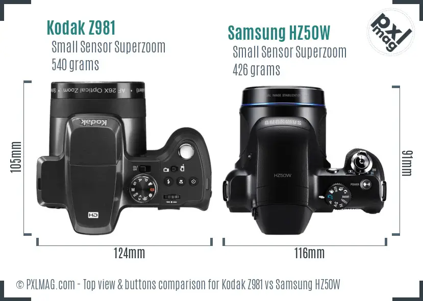 Kodak Z981 vs Samsung HZ50W top view buttons comparison