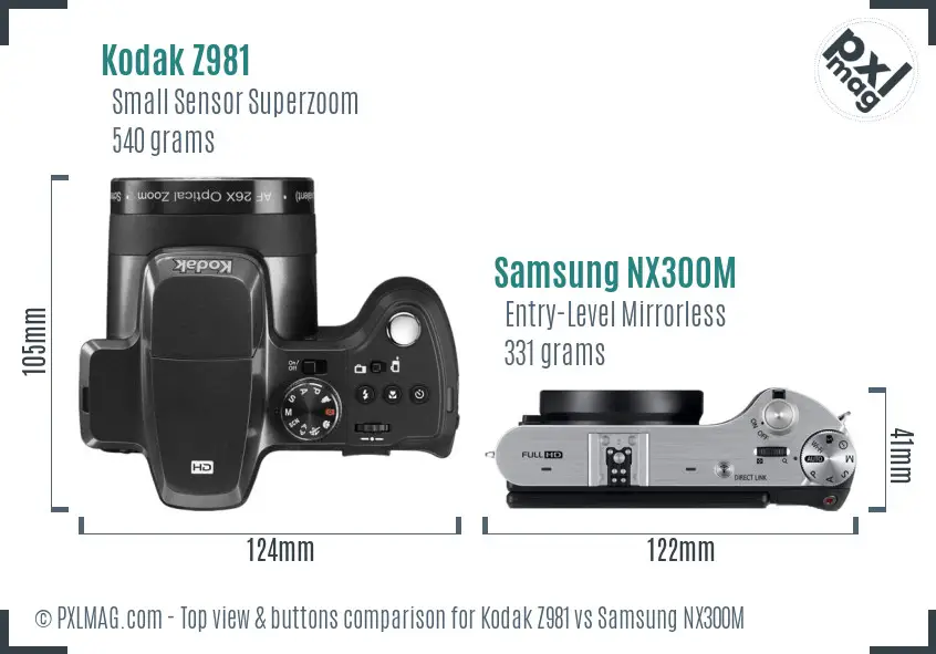 Kodak Z981 vs Samsung NX300M top view buttons comparison