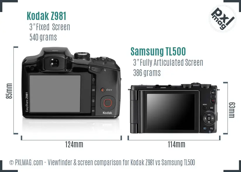 Kodak Z981 vs Samsung TL500 Screen and Viewfinder comparison