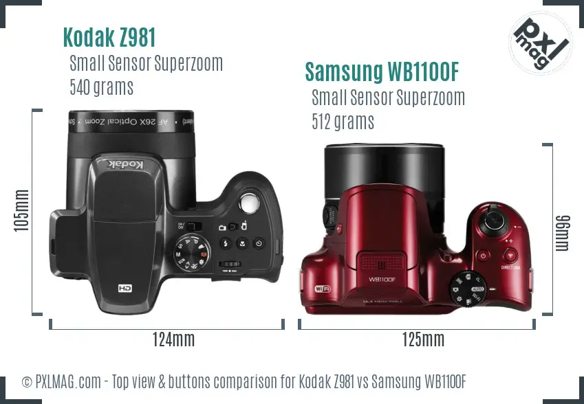 Kodak Z981 vs Samsung WB1100F top view buttons comparison Kodak Z981 vs Samsung WB1100F top view buttons comparison