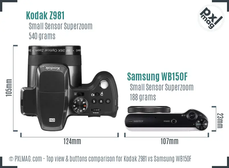 Kodak Z981 vs Samsung WB150F top view buttons comparison