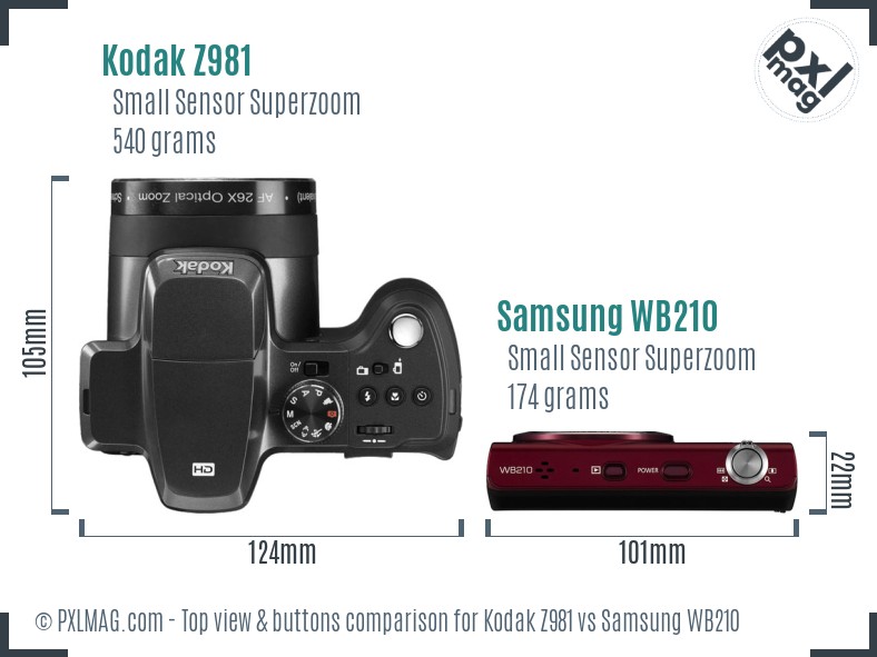 Kodak Z981 vs Samsung WB210 top view buttons comparison