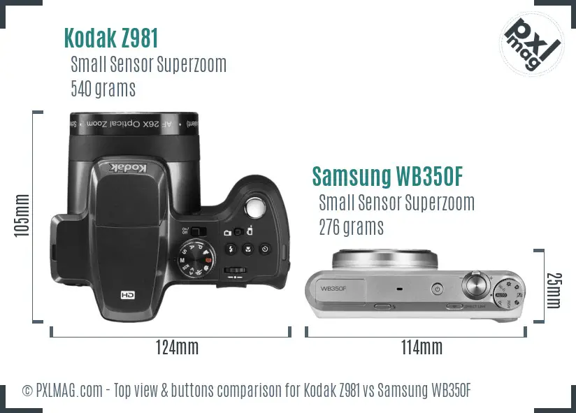 Kodak Z981 vs Samsung WB350F top view buttons comparison Kodak Z981 vs Samsung WB350F top view buttons comparison
