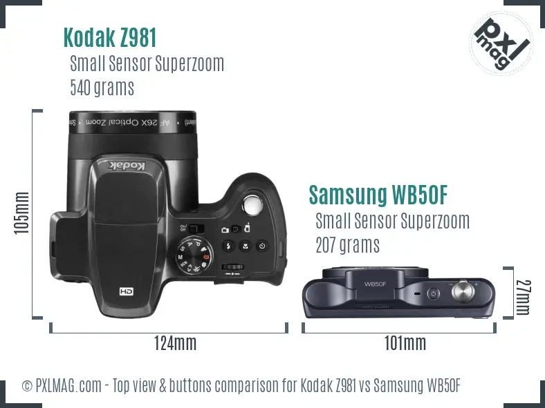 Kodak Z981 vs Samsung WB50F top view buttons comparison Kodak Z981 vs Samsung WB50F top view buttons comparison