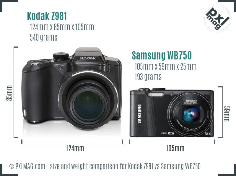 Kodak Z981 vs Samsung WB750 size comparison