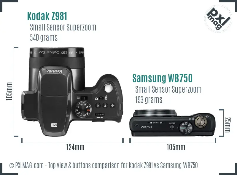 Kodak Z981 vs Samsung WB750 top view buttons comparison