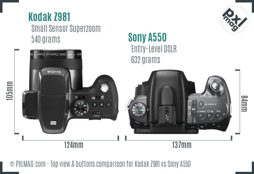 Kodak Z981 vs Sony A550 top view buttons comparison