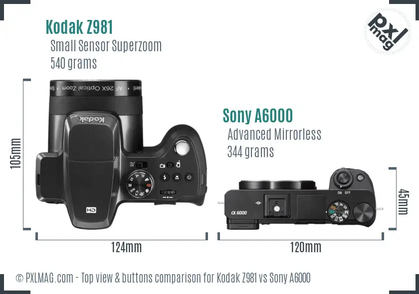 Kodak Z981 vs Sony A6000 top view buttons comparison Kodak Z981 vs Sony A6000 top view buttons comparison