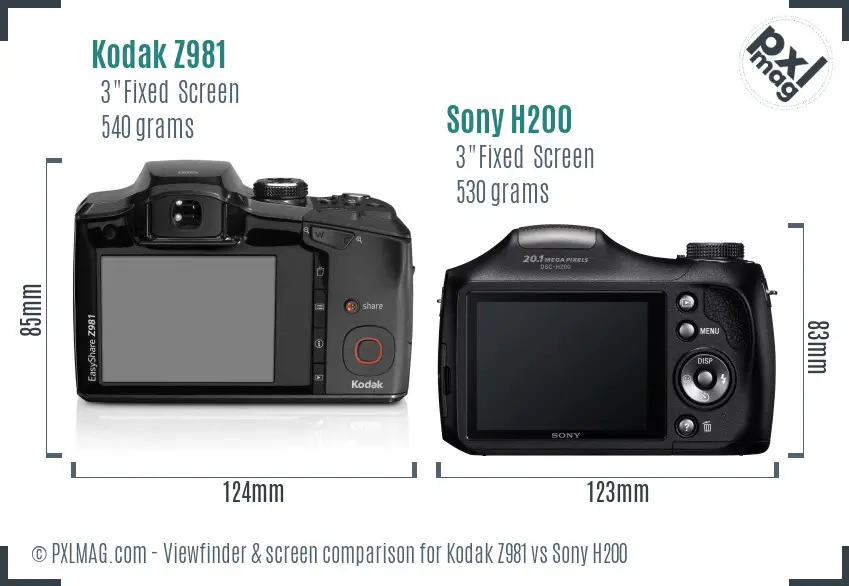 Kodak Z981 vs Sony H200 Screen and Viewfinder comparison