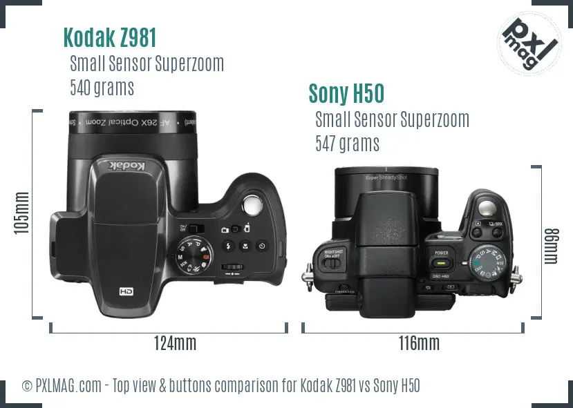 Kodak Z981 vs Sony H50 top view buttons comparison