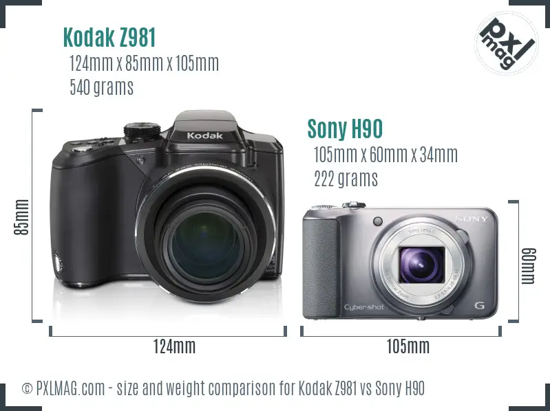 Kodak Z981 vs Sony H90 size comparison