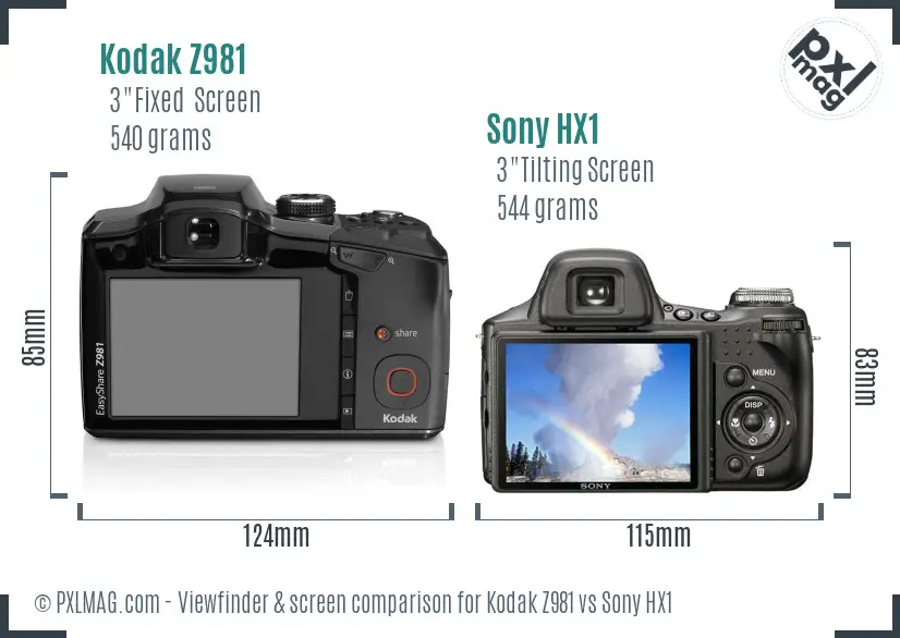 Kodak Z981 vs Sony HX1 Screen and Viewfinder comparison