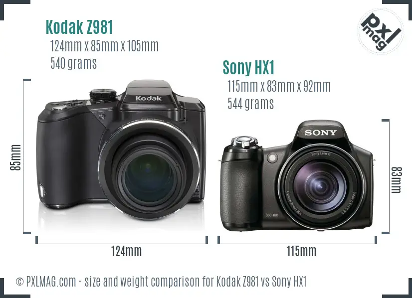 Kodak Z981 vs Sony HX1 size comparison