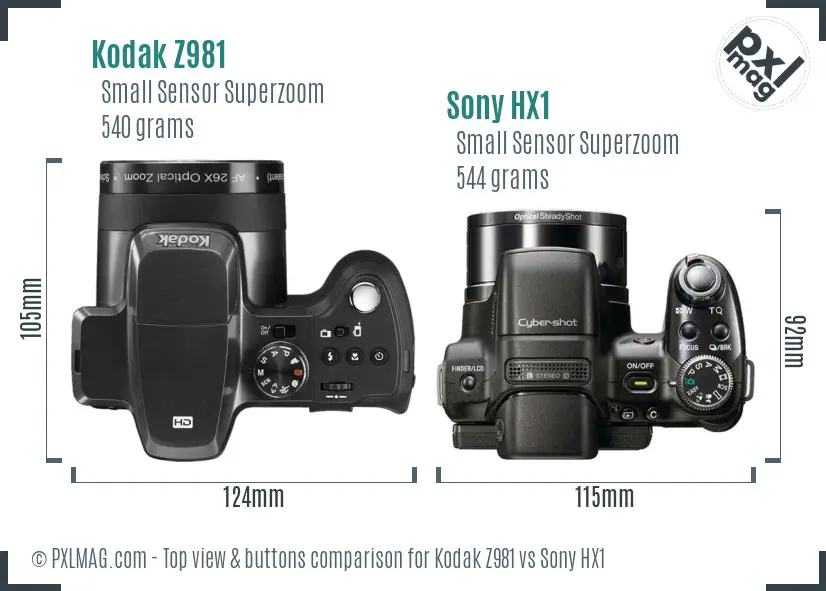 Kodak Z981 vs Sony HX1 top view buttons comparison