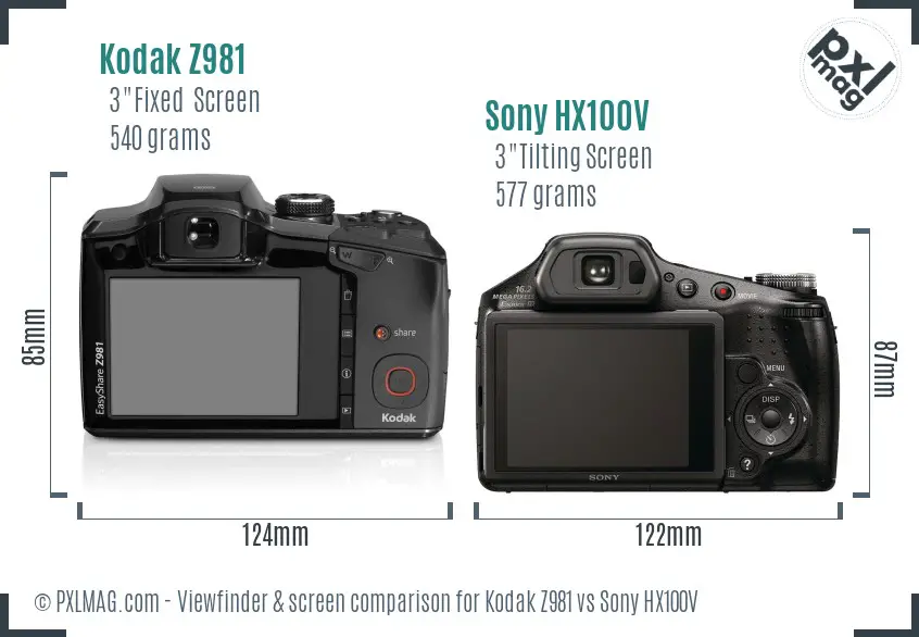 Kodak Z981 vs Sony HX100V Screen and Viewfinder comparison