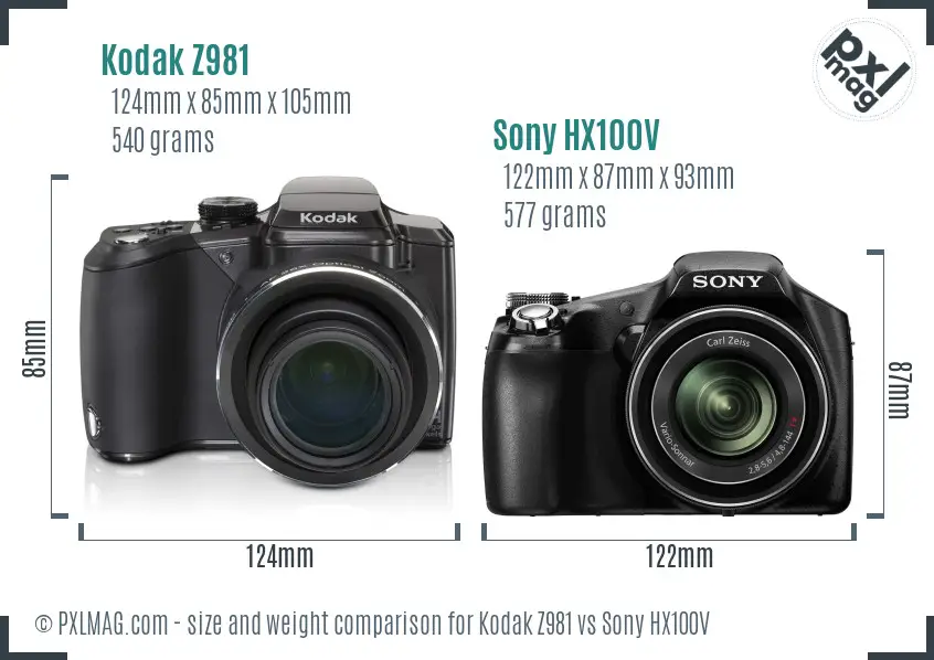 Kodak Z981 vs Sony HX100V size comparison