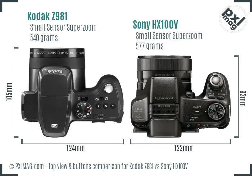 Kodak Z981 vs Sony HX100V top view buttons comparison
