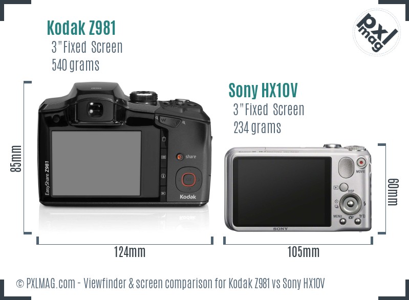 Kodak Z981 vs Sony HX10V Screen and Viewfinder comparison