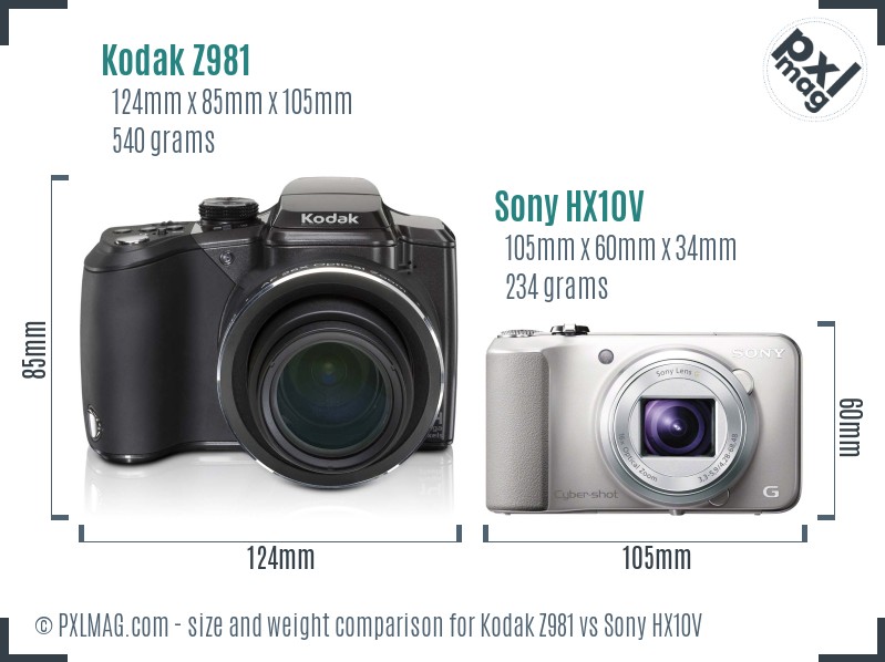 Kodak Z981 vs Sony HX10V size comparison