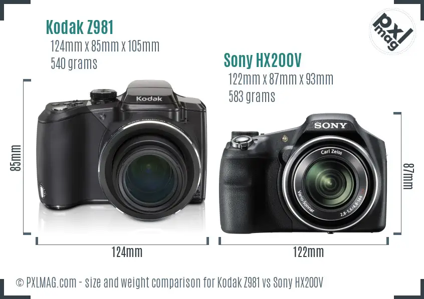 Kodak Z981 vs Sony HX200V size comparison