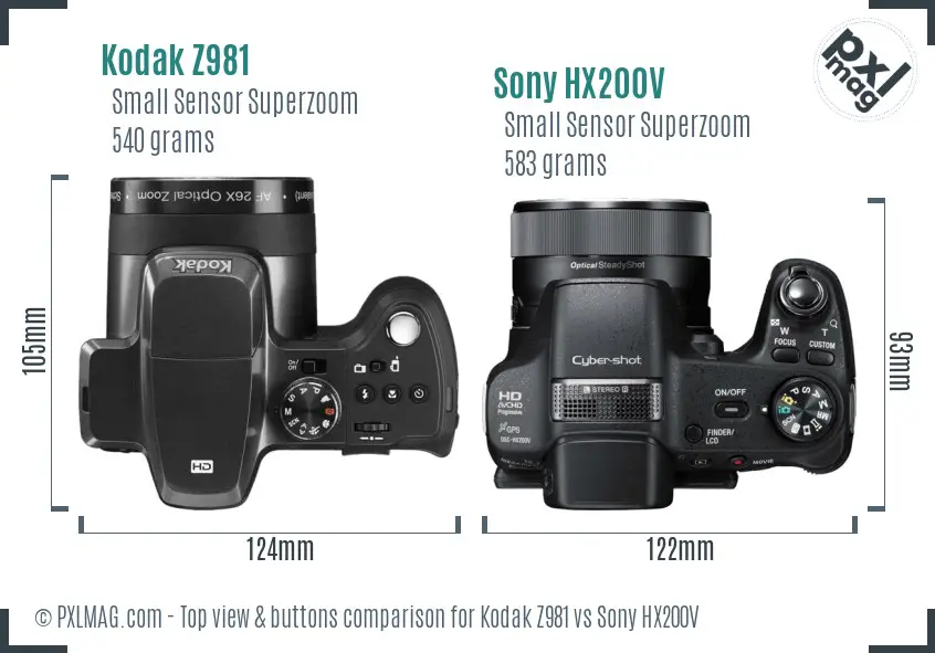 Kodak Z981 vs Sony HX200V top view buttons comparison