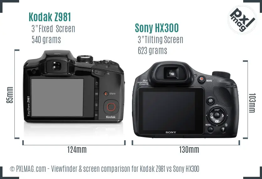 Kodak Z981 vs Sony HX300 Screen and Viewfinder comparison