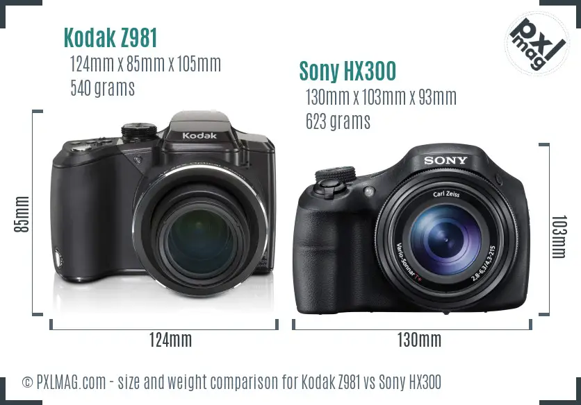 Kodak Z981 vs Sony HX300 size comparison