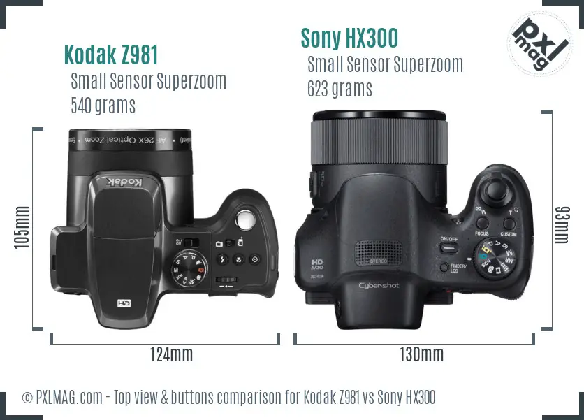 Kodak Z981 vs Sony HX300 top view buttons comparison