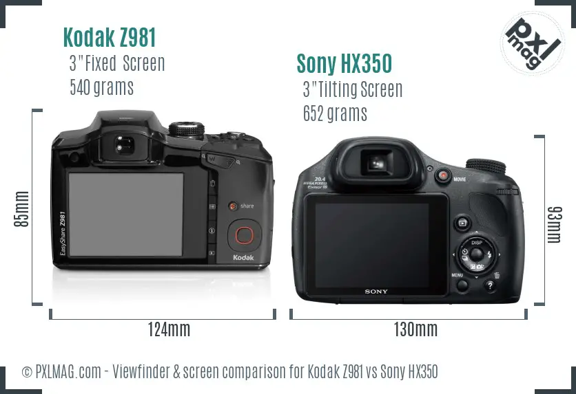 Kodak Z981 vs Sony HX350 Screen and Viewfinder comparison