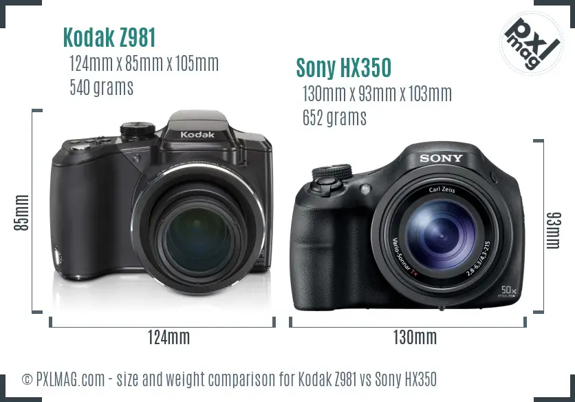 Kodak Z981 vs Sony HX350 size comparison