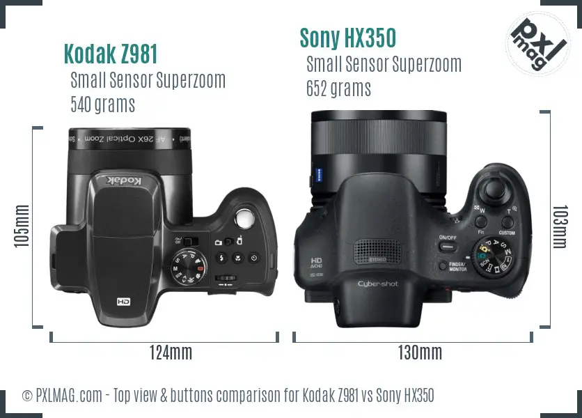 Kodak Z981 vs Sony HX350 top view buttons comparison
