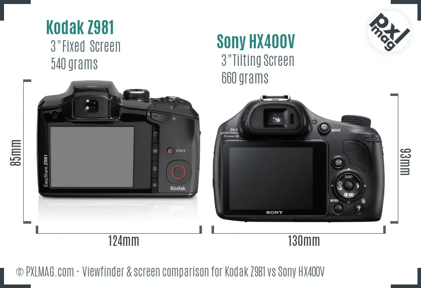 Kodak Z981 vs Sony HX400V Screen and Viewfinder comparison