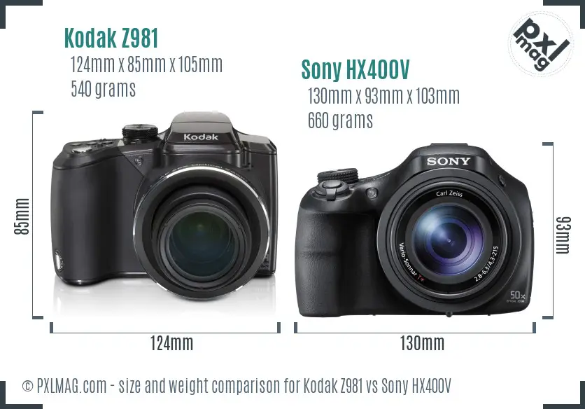 Kodak Z981 vs Sony HX400V size comparison