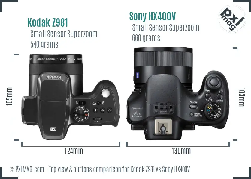 Kodak Z981 vs Sony HX400V top view buttons comparison