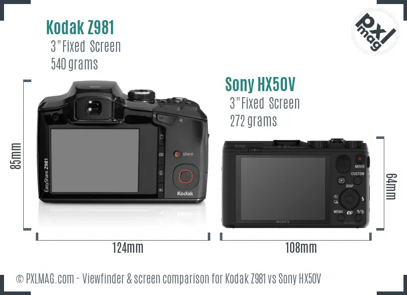 Kodak Z981 vs Sony HX50V Screen and Viewfinder comparison