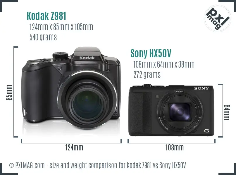 Kodak Z981 vs Sony HX50V size comparison