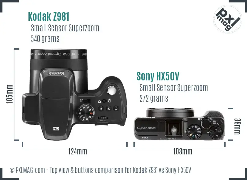 Kodak Z981 vs Sony HX50V top view buttons comparison