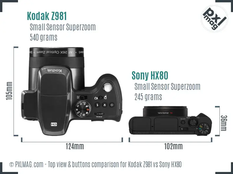 Kodak Z981 vs Sony HX80 top view buttons comparison