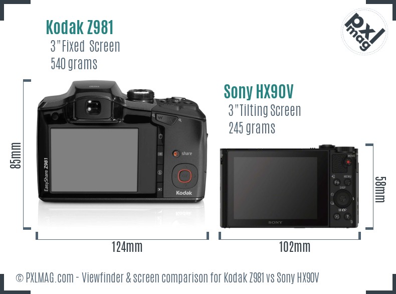Kodak Z981 vs Sony HX90V Screen and Viewfinder comparison