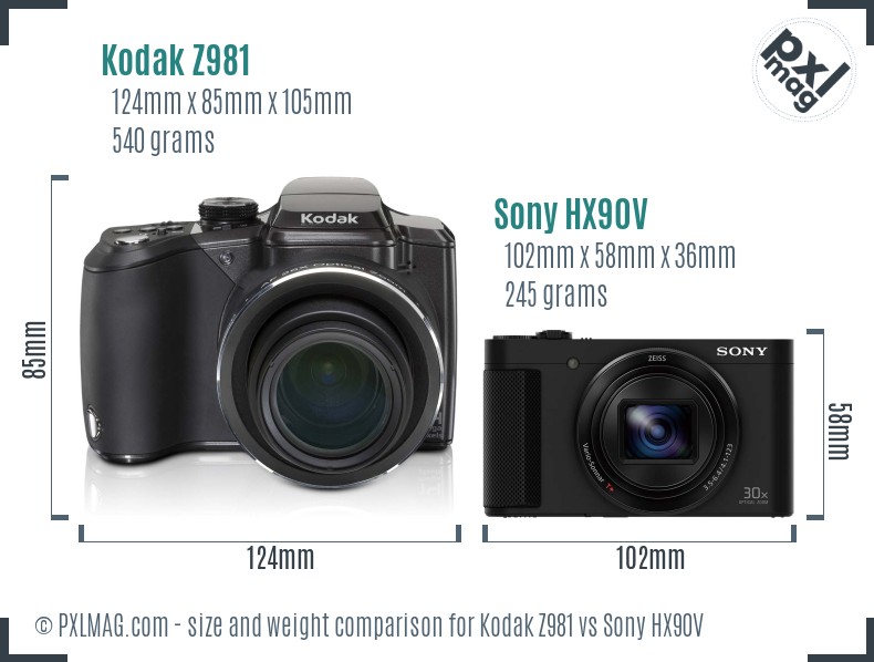 Kodak Z981 vs Sony HX90V size comparison