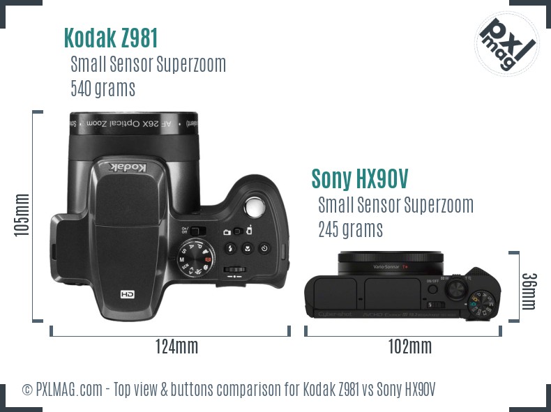 Kodak Z981 vs Sony HX90V top view buttons comparison