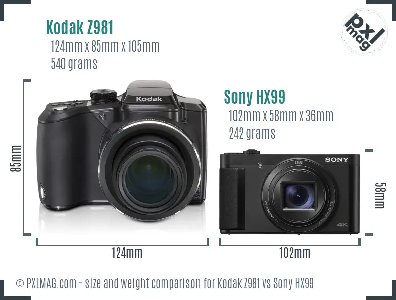 Kodak Z981 vs Sony HX99 size comparison
