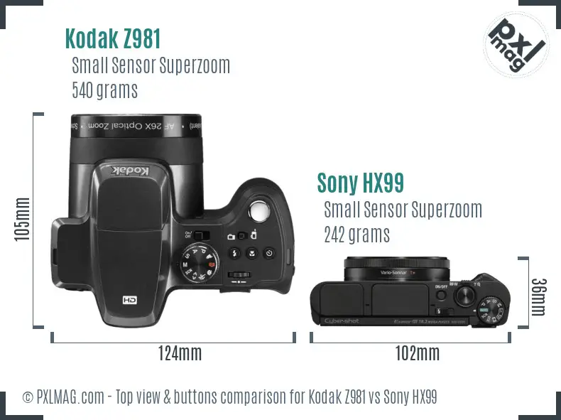 Kodak Z981 vs Sony HX99 top view buttons comparison