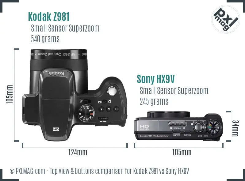 Kodak Z981 vs Sony HX9V top view buttons comparison