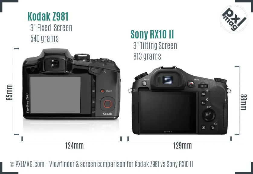 Kodak Z981 vs Sony RX10 II Screen and Viewfinder comparison