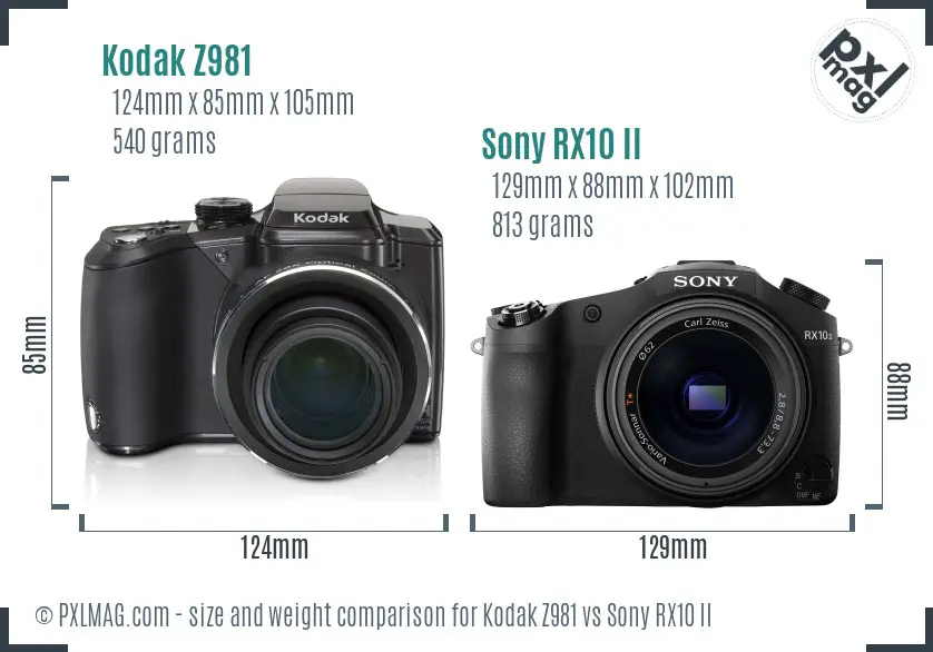 Kodak Z981 vs Sony RX10 II size comparison