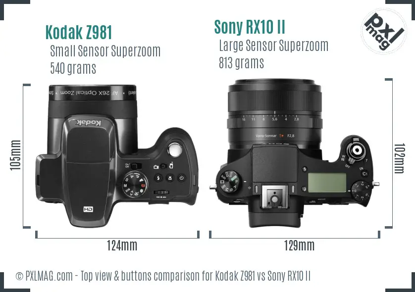 Kodak Z981 vs Sony RX10 II top view buttons comparison