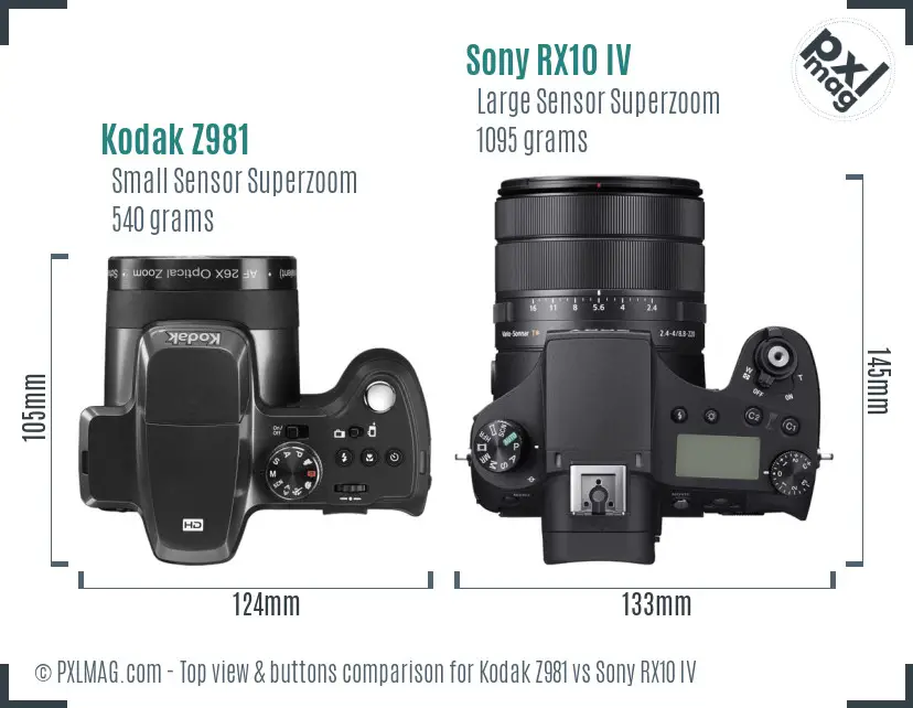 Kodak Z981 vs Sony RX10 IV top view buttons comparison