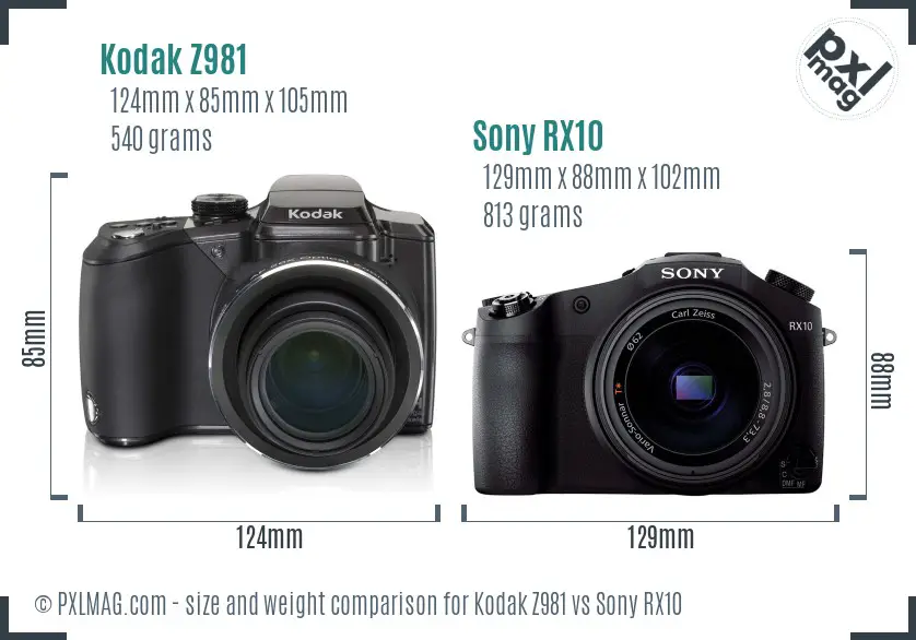 Kodak Z981 vs Sony RX10 size comparison